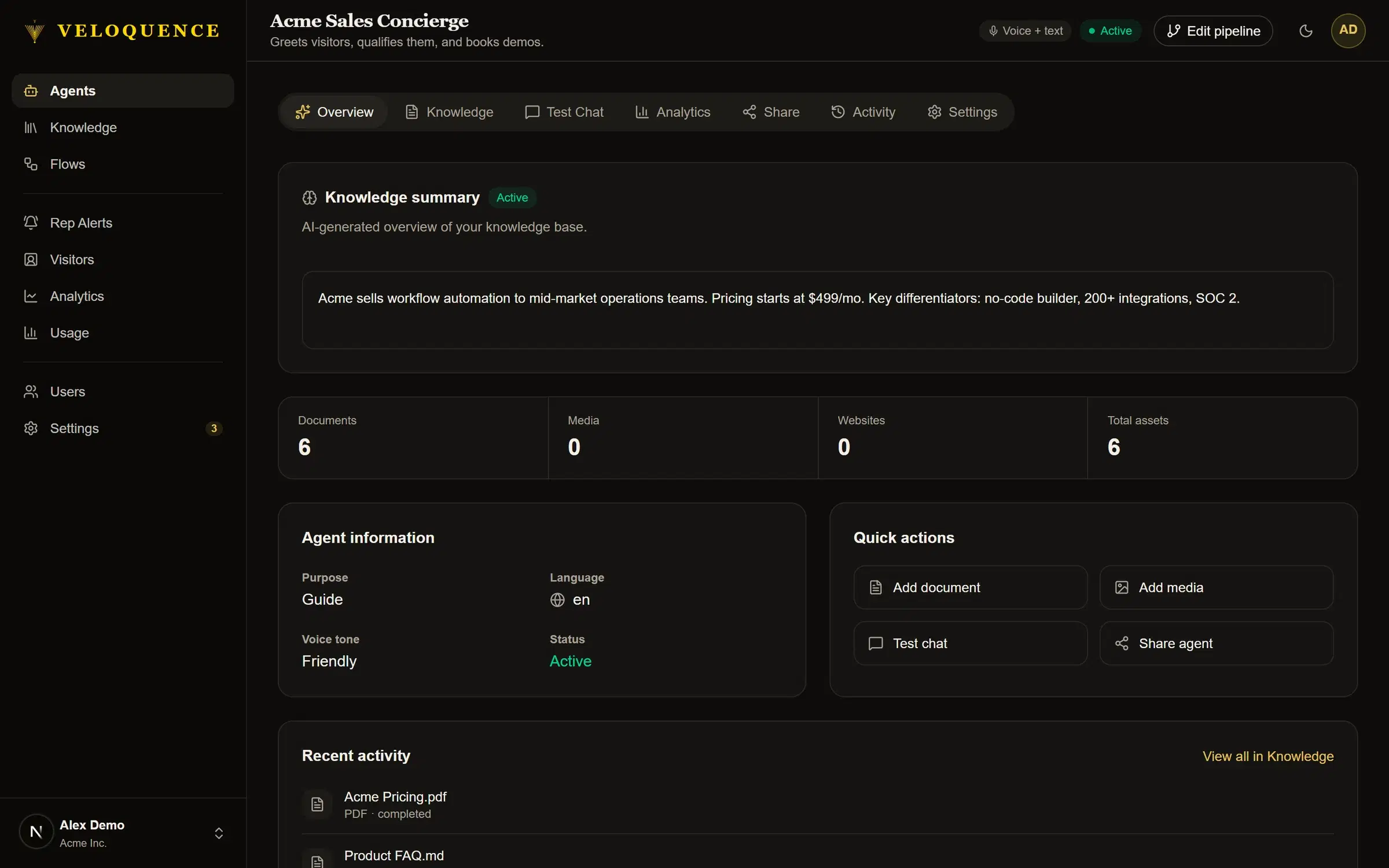 An agent’s overview: its knowledge summary, asset counts, purpose, voice tone and quick actions.
